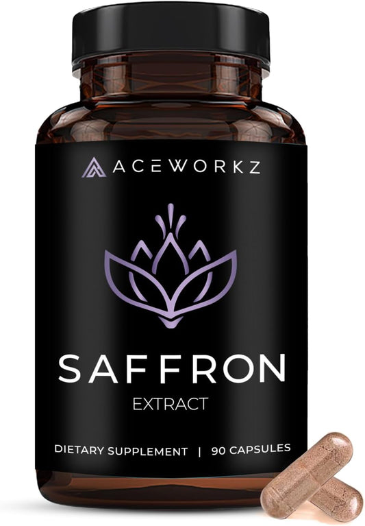 ACEWORKZ Saffron Supplement - 100% Pure Saffron Extract Capsules - Support Weight Management, Craving Control & Eye Health - for Women & Men (90 Capsules)