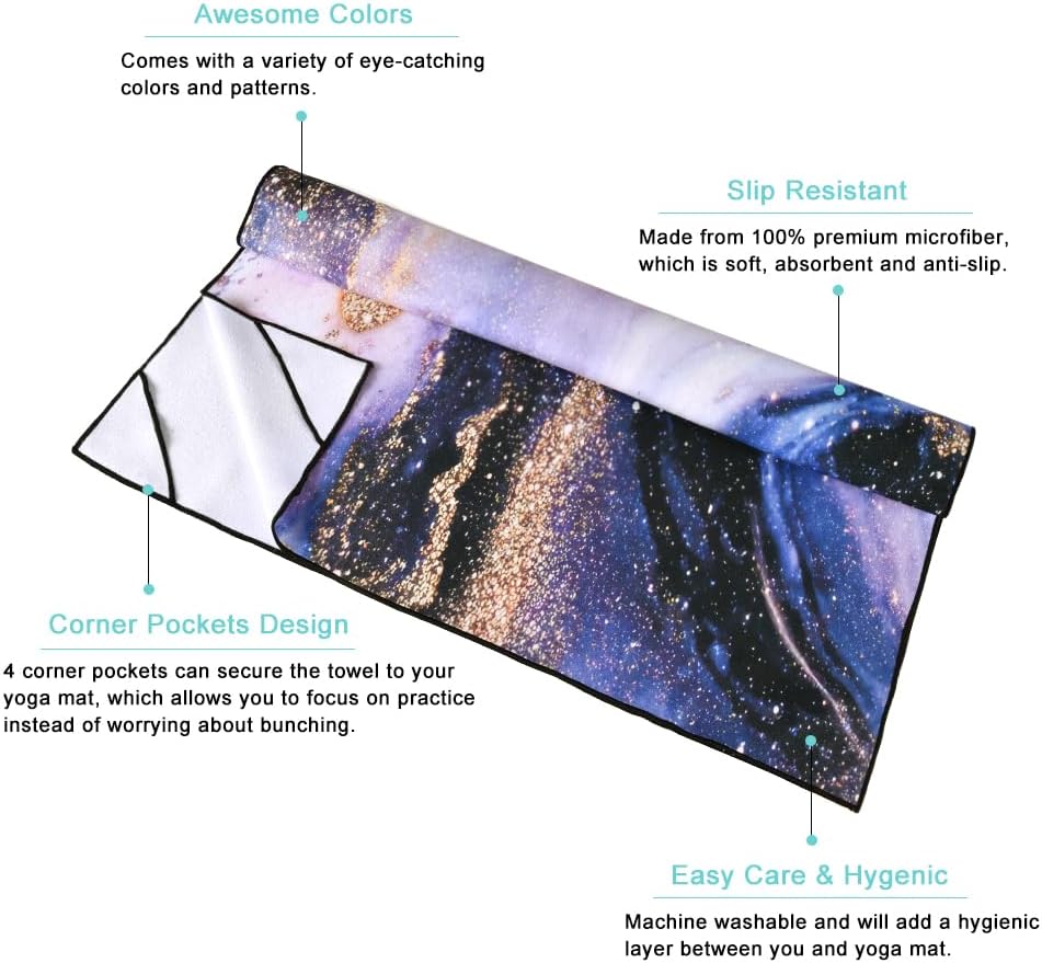 QIYI Large Yoga Mat Towel with Corner Pockets, Non Slip Sweat Absorbent Hot Yoga Towels, Soft Yoga Blankets with Travel Bag, Skidless Mat Cover for Workout, Gym, Fitness - 74"x26", Purple & Pink Grain