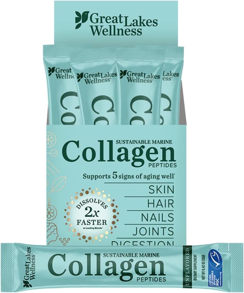Great Lakes Wellness Sustainable Marine Collagen Peptides Powder for Skin, Hair, Nails, Joints & Digestion - Unflavored - Hydrolyzed, Wild Caught, MSC Certified, Non-GMO, Kosher - 20 Sticks