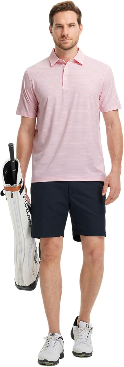 Rouen Polo Shirts for Men Dry Fit Performance Heather Stripe Golf Polo Moisture Wicking Lightweight Breathable Golf Shirts
