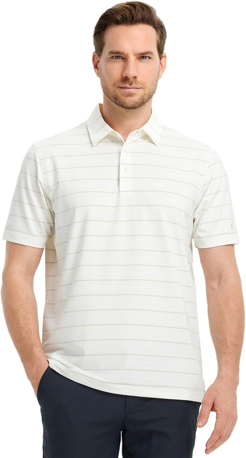 Rouen Mens Golf Shirt Moisture Wicking Dry Fit Performance Stripe Casual Collared Short Sleeve Golf Polo Shirts for Men