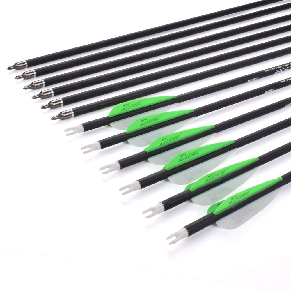 YLS Archery 26/28/30Inch Carbon Arrow Practice Hunting Arrows with100 Grain Removable Tips for Compound & Recurve Bow(Pack of 12)