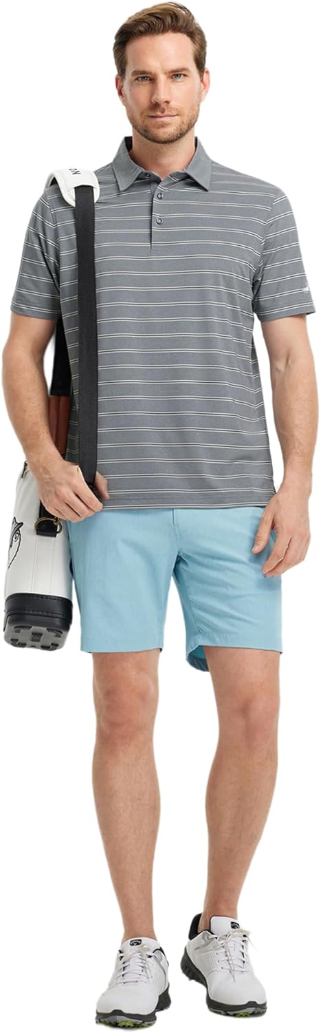 Rouen Polo Shirts for Men Dry Fit Performance Heather Stripe Golf Polo Moisture Wicking Lightweight Breathable Golf Shirts