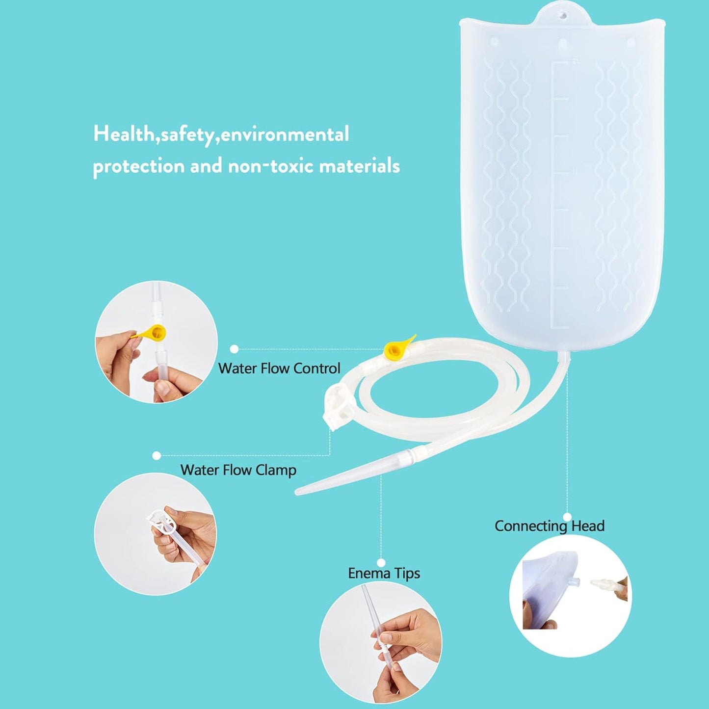Silicone Enema Bag Kit with 6.3ft Hose, 5 Enema Tips, Controllable Flow Valve and Water Thermometer - 2 Quart Capacity Coffee enemas for Colon Cleanse