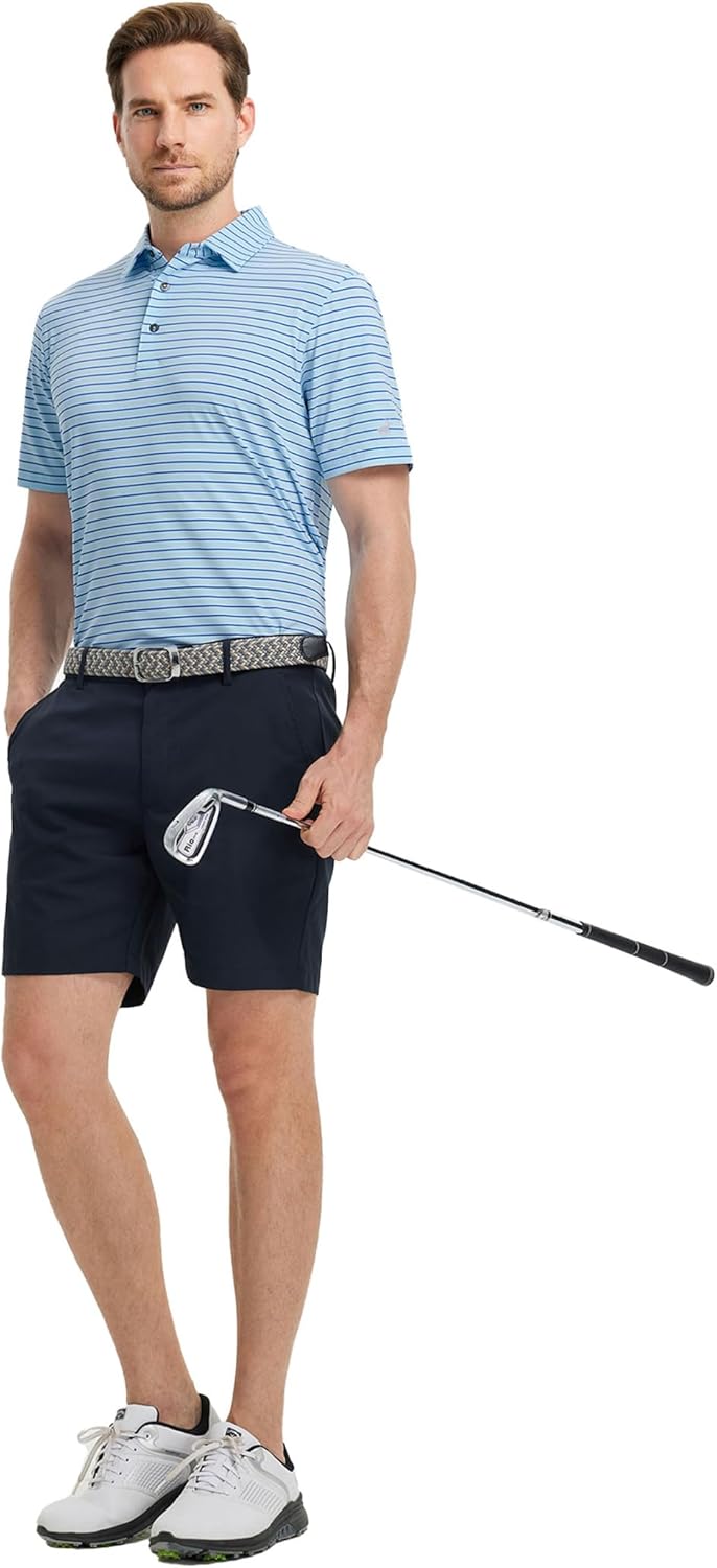 Rouen Mens Polo Shirts Short Sleeve Dry Fit Performance Moisture Wicking Causal Striped Polo Collared Golf Shirts for Men