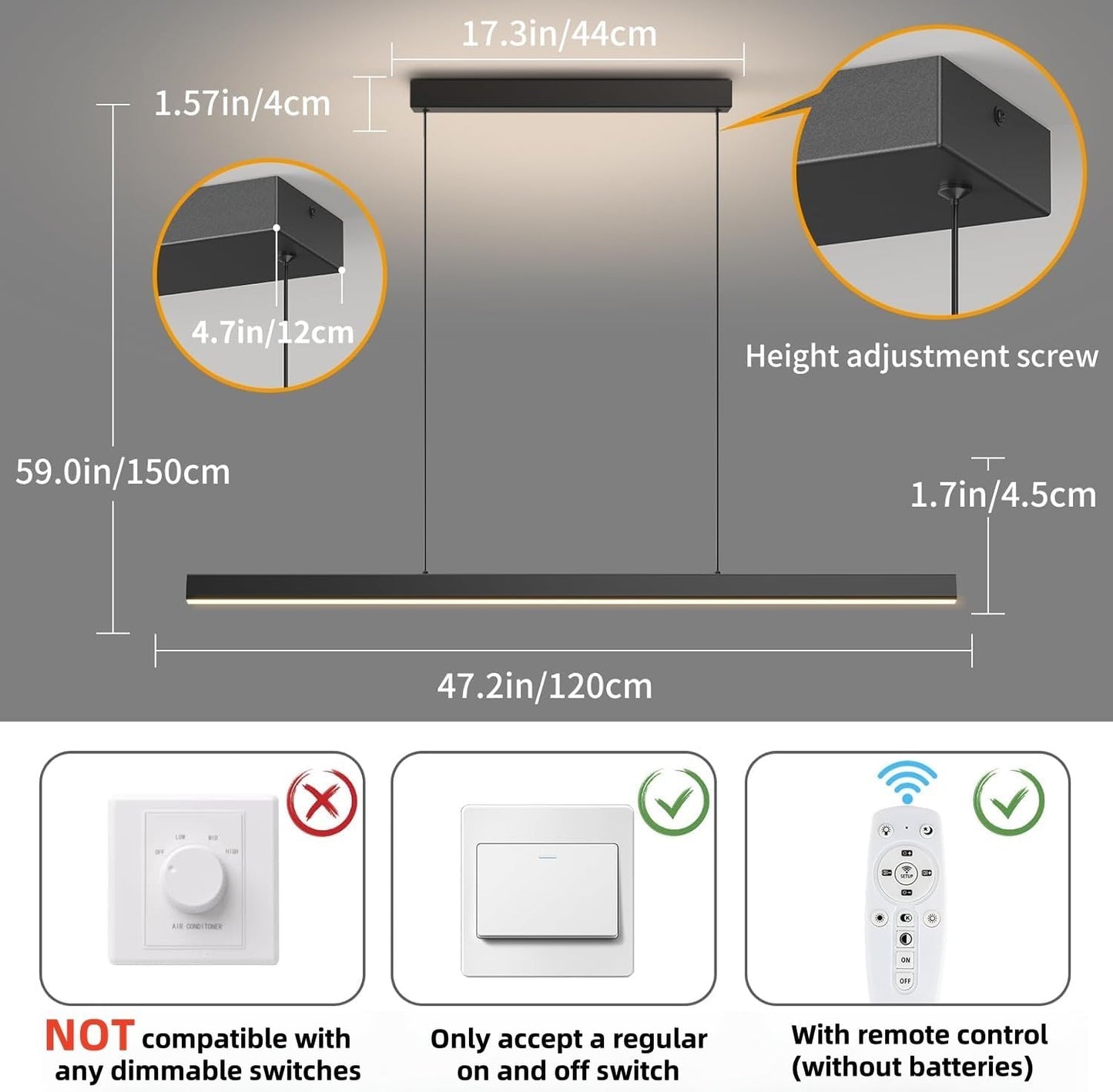 Modern Ceiling Pendant Light,47in LED Black Linear Ceiling Chandelier Light Dining Room,Living Room,Warm & Cool, Neutral Light,Aluminum Island Lighting Hanging Pendant Light for Kitchen