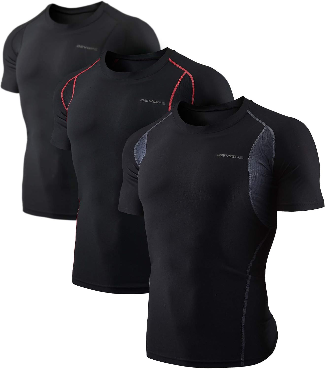DEVOPS 3 Pack Men's Cool Dry Short Sleeve Compression Shirts, Sports Baselayer T-Shirts Tops, Athletic Workout Shirt