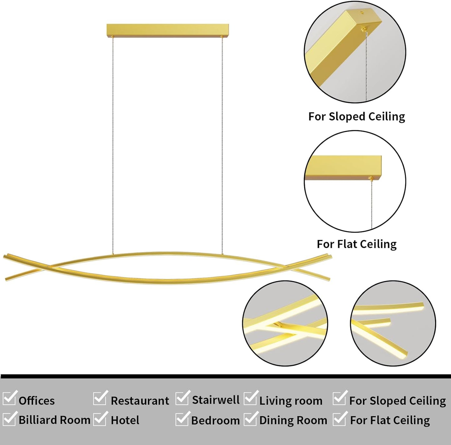 Modern LED Pendant Lights, 47in Gold Chandelier Dimmable with Remote Control 3000k-6000K Adjustable Color Temperature, Aluminum Island Lighting Lamp Fixture for Kitchen, Dining Room