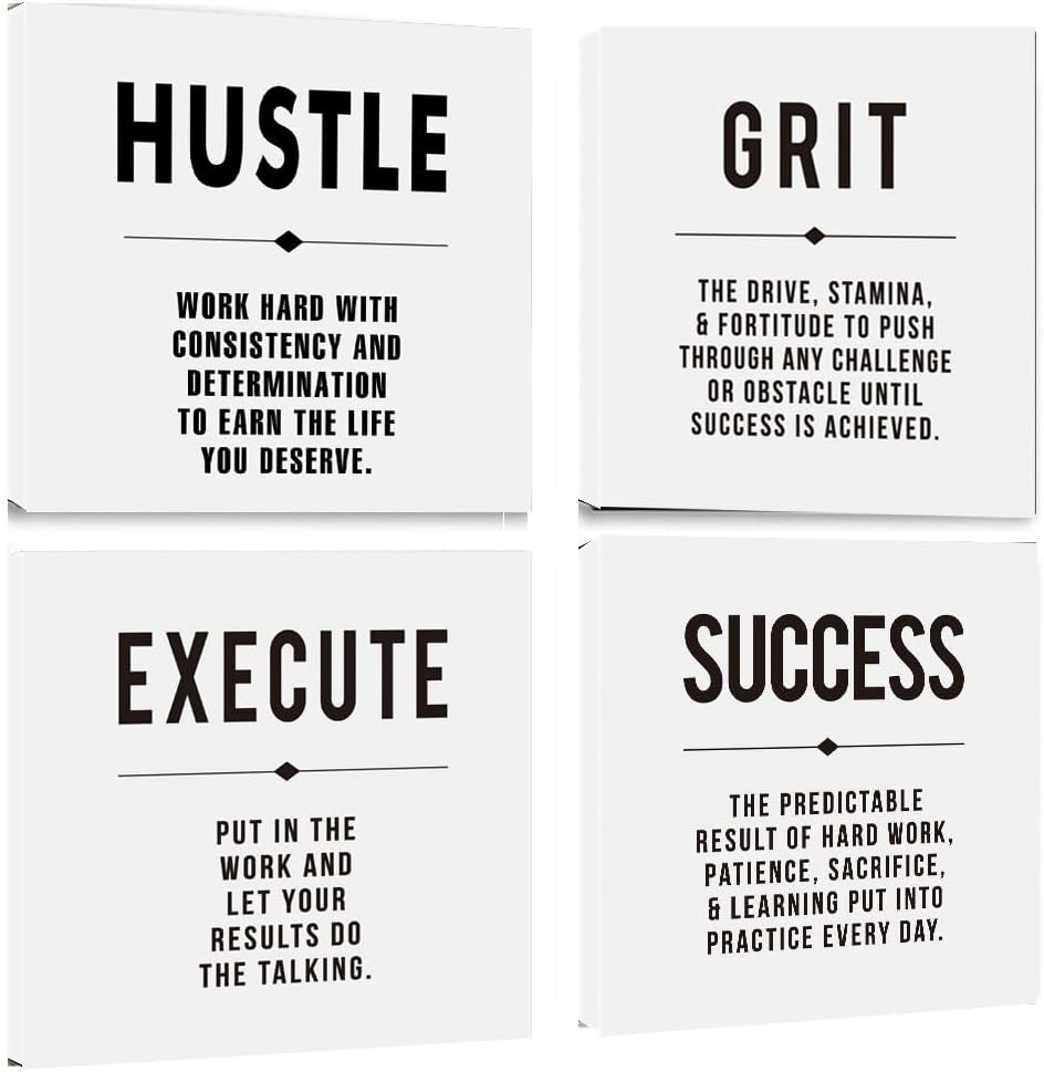 Motivational Grit Success Execute Hustle White Quotes Canvas Wall Art -Inspirational Wall Art Poster Canvas Artwork Picture Print Framed for Home Bedroom-12 x12 x4pcs