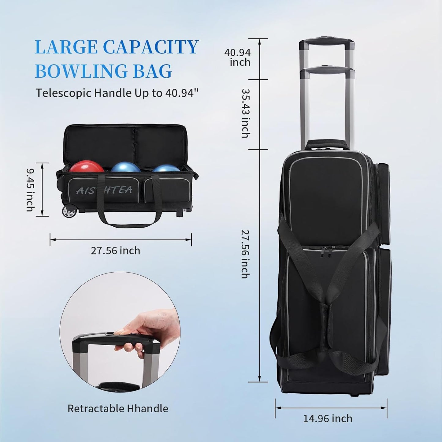 2-3 Ball Bowling Bag with Wheels, Rolling Trolley Bowling Bags with Large Separate Shoe Compartment and Oversized Accessory Pocket