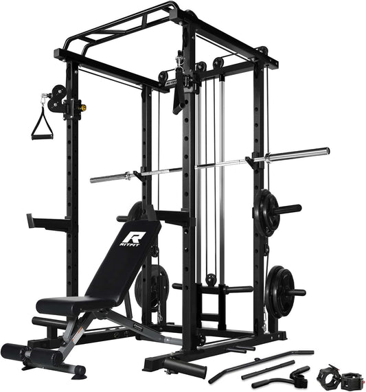 RitFit Power Cage with Optional LAT PullDown/Cable Crossover, 1000LB Squat Rack for Home & Garage Gym, with Weight Storage Rack and More Training Attachments, ASTM-Certified