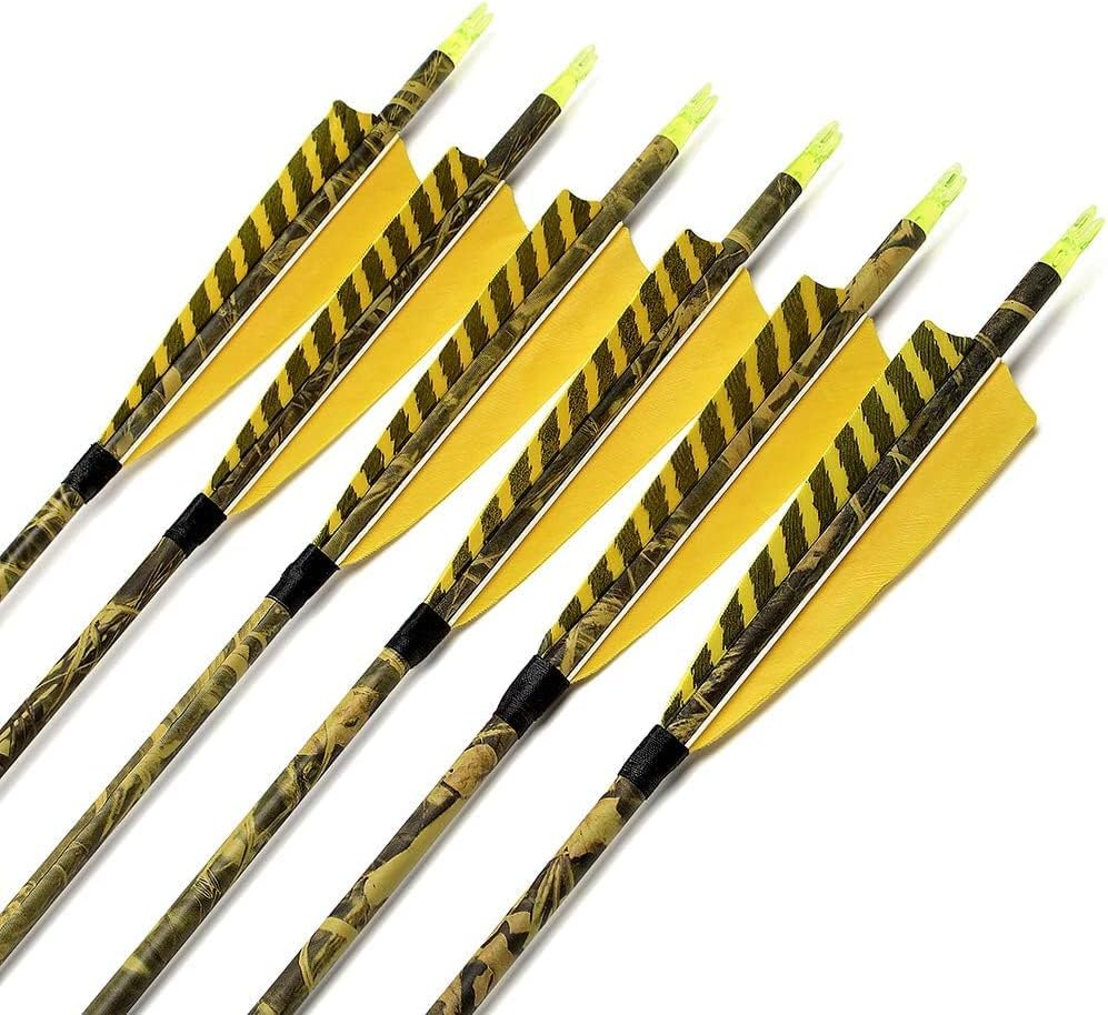31Inch Carbon Arrow, Practice Hunting Arrows, Camo Turkey Feather Fletching, Arrows for Compound & Recurve Bow with Removable Tips Adjustable Nocks