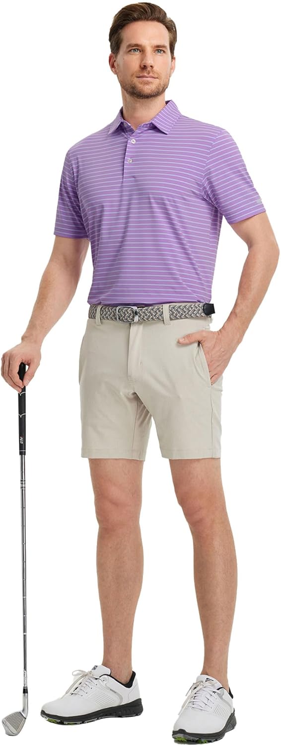 Rouen Mens Polo Shirts Short Sleeve Dry Fit Performance Moisture Wicking Causal Striped Polo Collared Golf Shirts for Men