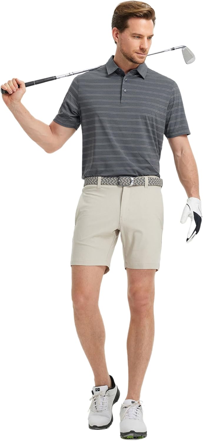 Rouen Polo Shirts for Men Dry Fit Performance Heather Stripe Golf Polo Moisture Wicking Lightweight Breathable Golf Shirts