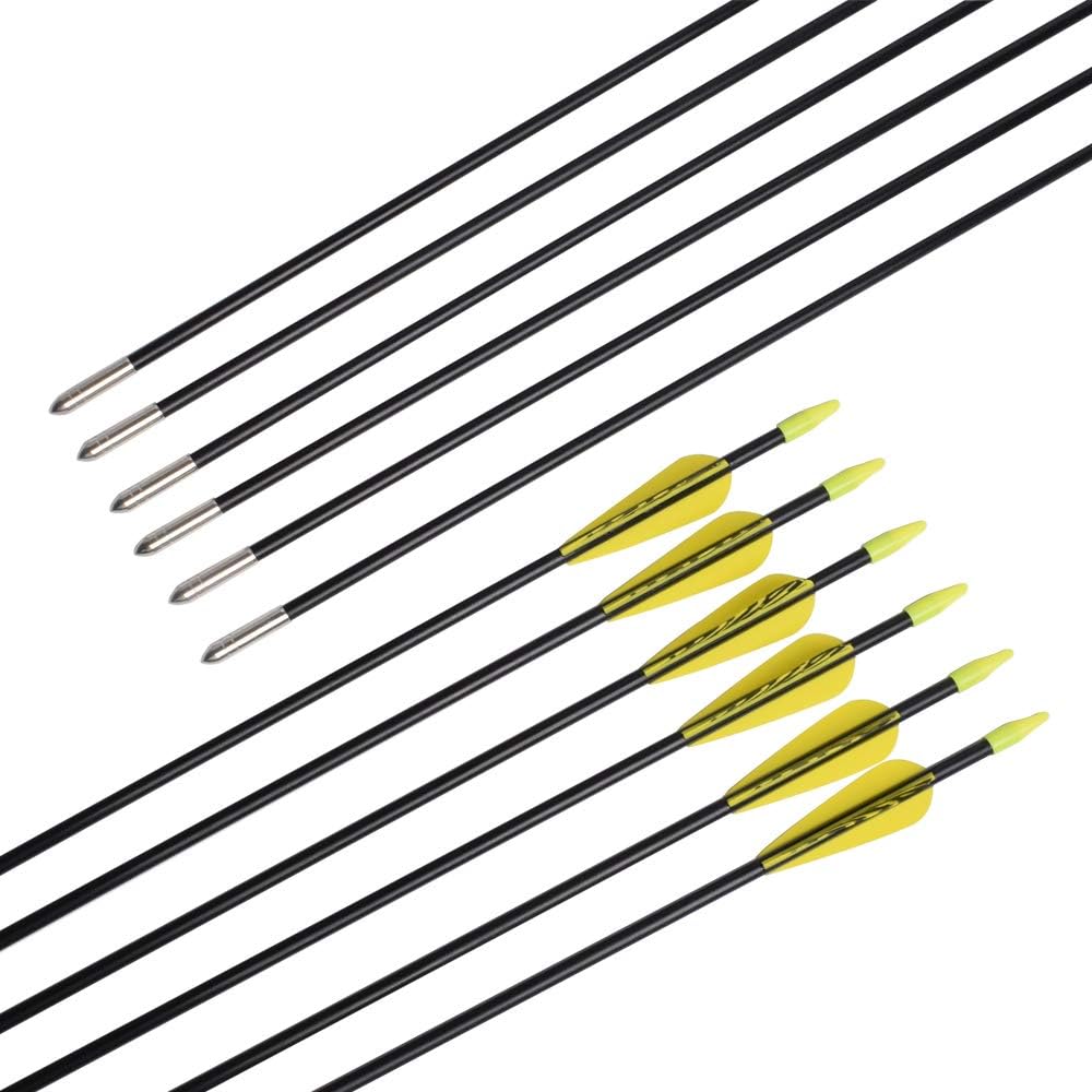 6875 Fiberglass Arrows Archery 24/26/28/30Inch Target Shooting Safetyglass Recurve Bows Suitable for Youth Children Woman Beginner (tigerspot Yellow Vanes)
