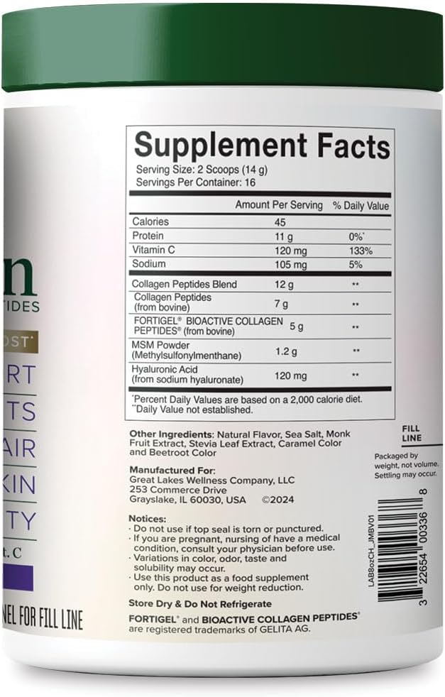 Great Lakes Wellness Movement Boost Advanced Collagen Peptides Powder with MSM, Hyaluronic Acid, Vitamin C - Joint Mobility & Comfort - Caramel Flavored - Non-GMO, Keto, Kosher - 8 oz
