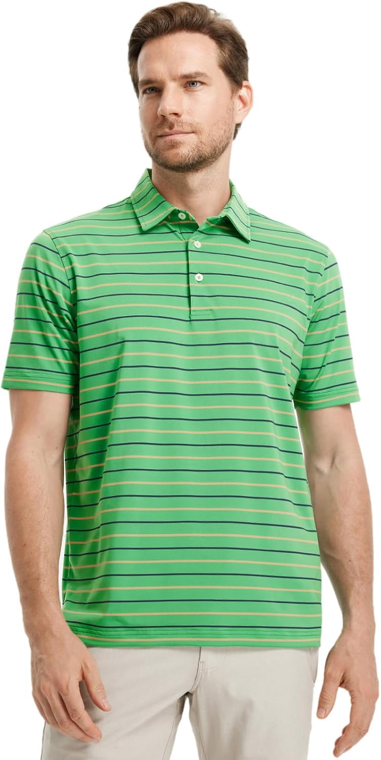 Rouen Mens Golf Shirt Moisture Wicking Dry Fit Performance Stripe Casual Collared Short Sleeve Golf Polo Shirts for Men