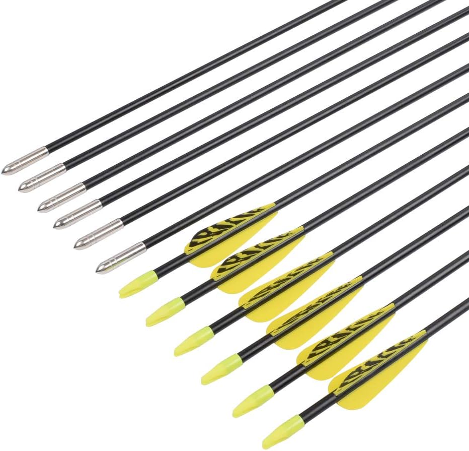 6875 Fiberglass Arrows Archery 24/26/28/30Inch Target Shooting Safetyglass Recurve Bows Suitable for Youth Children Woman Beginner (tigerspot Yellow Vanes)