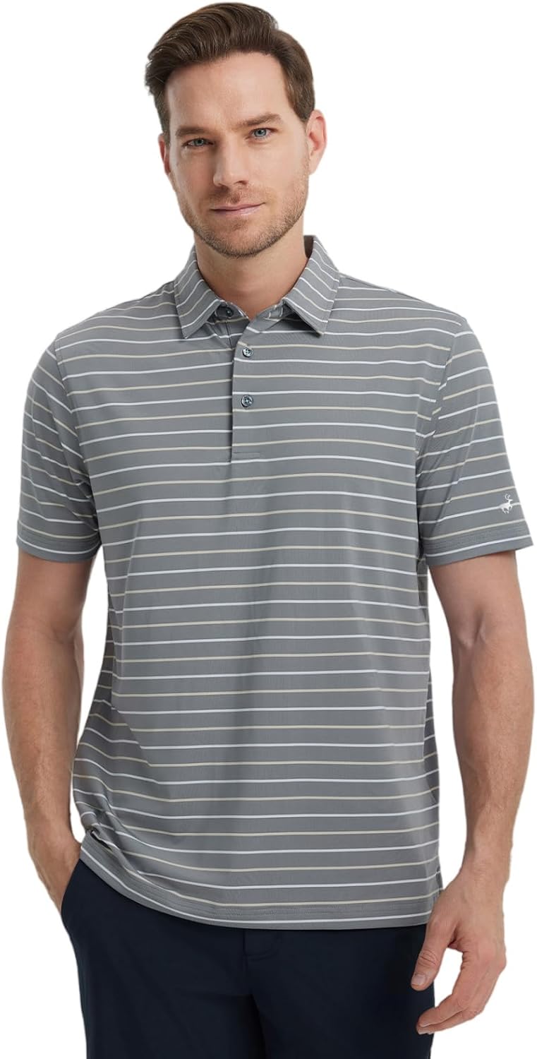 Rouen Mens Golf Shirt Moisture Wicking Dry Fit Performance Stripe Casual Collared Short Sleeve Golf Polo Shirts for Men