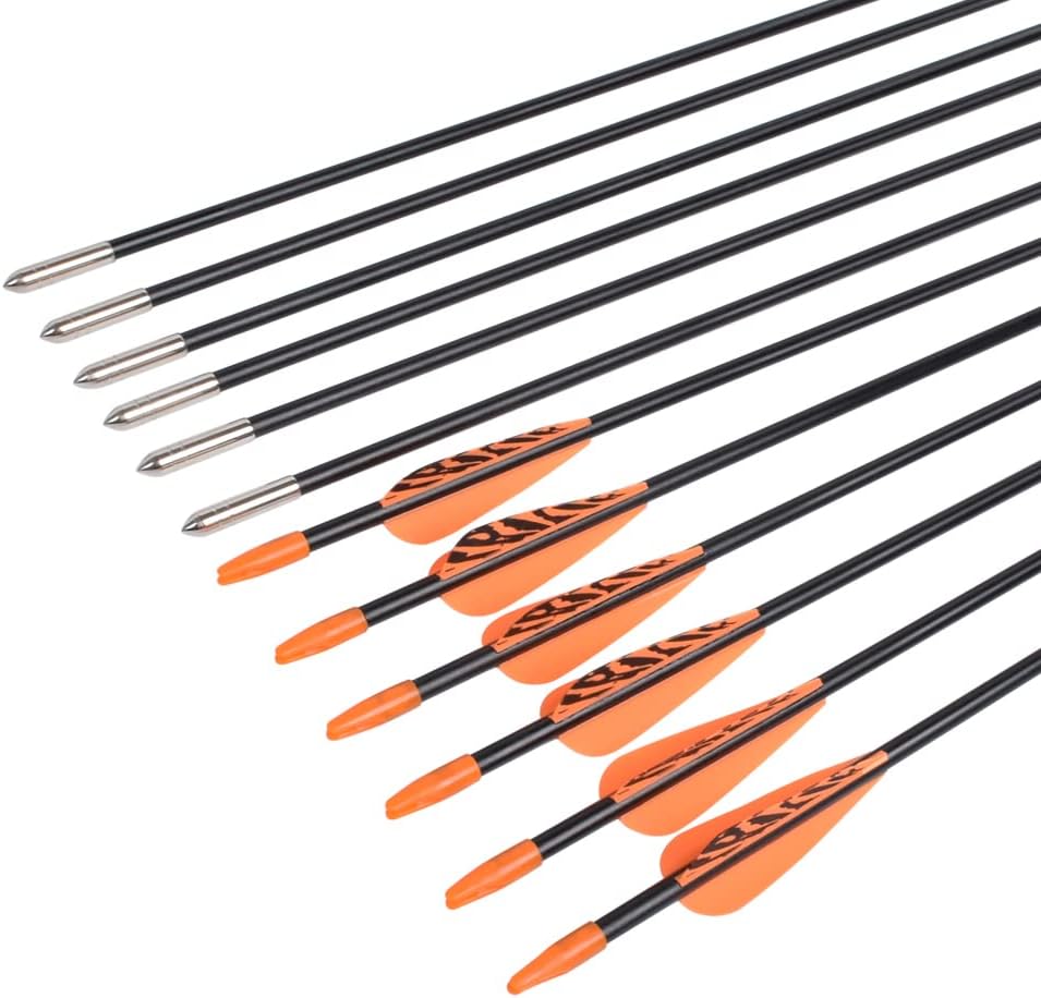 6875 Fiberglass Arrows Archery 24/26/28/30 Inch Target Shooting Safetyglass Recurve Bows Suitable for Youth Children Woman Beginner 6 or 12pcs/Pack (tigerspot Orange Vanes)