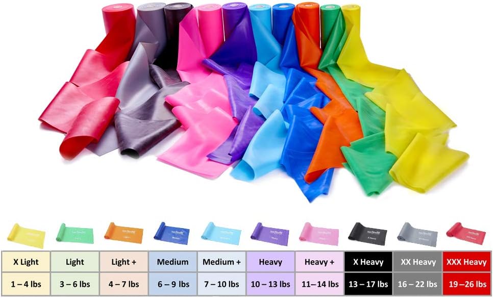 Resistance Band for Working Out - 8,16,24 Yard Resistance Bands Bulk Rolls - 10 Strengths in Light Medium and Heavy Exercise Bands - Latex Free Workout Bands Including iPhone App and e-Book