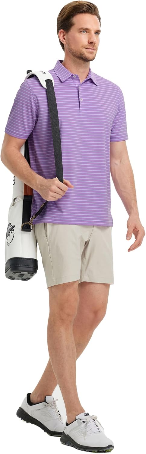 Rouen Mens Polo Shirts Short Sleeve Dry Fit Performance Moisture Wicking Causal Striped Polo Collared Golf Shirts for Men