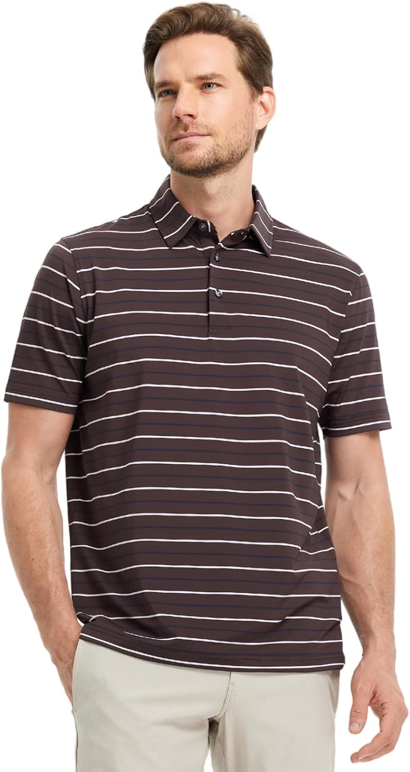 Rouen Mens Golf Shirt Moisture Wicking Dry Fit Performance Stripe Casual Collared Short Sleeve Golf Polo Shirts for Men
