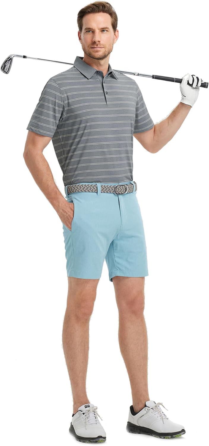 Rouen Polo Shirts for Men Dry Fit Performance Heather Stripe Golf Polo Moisture Wicking Lightweight Breathable Golf Shirts