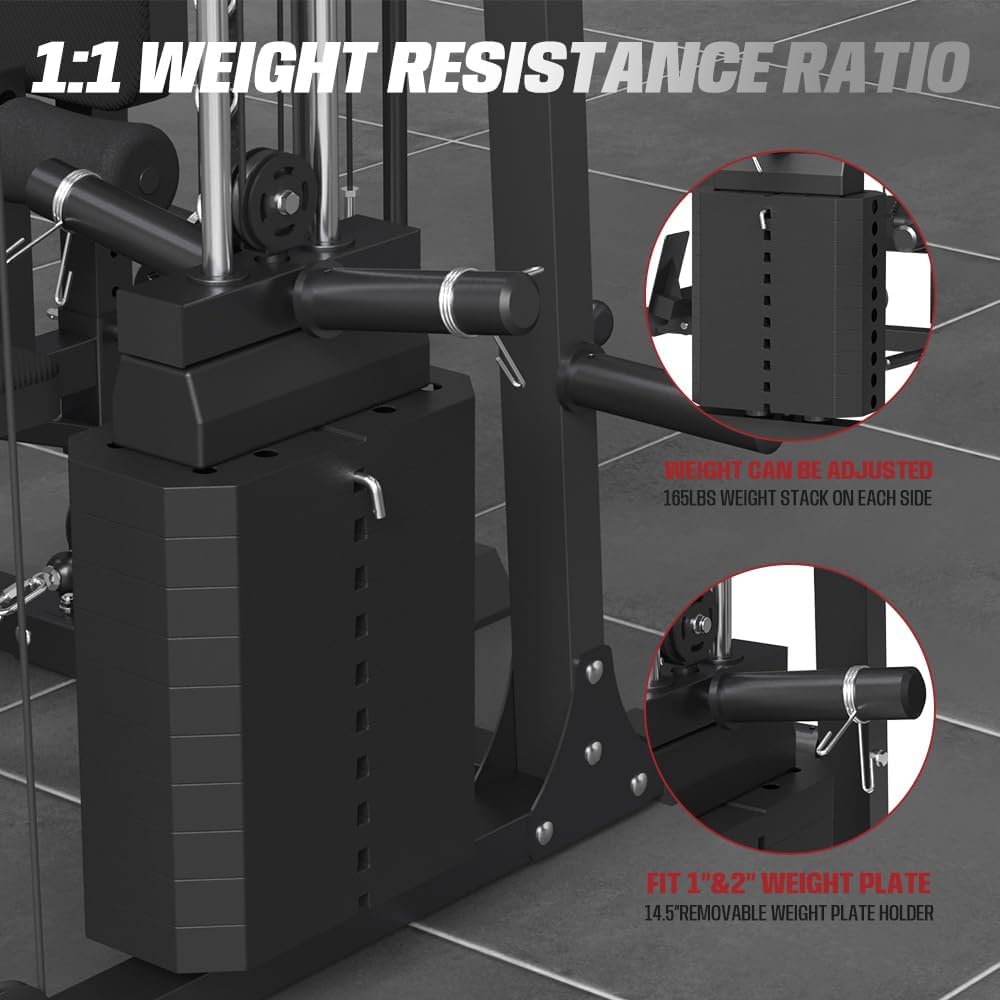 Commercial SmithMachine with Smith Bar, Home Gym Station with Dual Weight Stacks, 4000LBS Power Cage Squat Rack with Lever Arm, Leg Press, LAT Pull Down, Cable Crossover Machine for Full Body Training