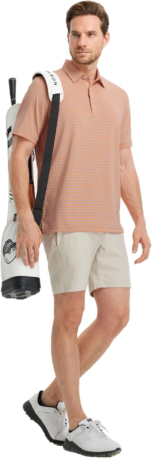 Rouen Mens Polo Shirts Short Sleeve Dry Fit Performance Moisture Wicking Causal Striped Polo Collared Golf Shirts for Men