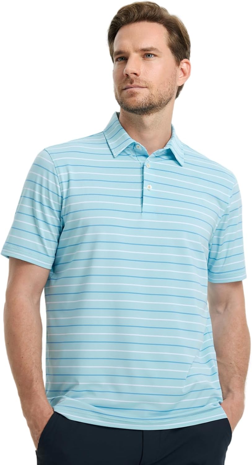 Rouen Mens Golf Shirt Moisture Wicking Dry Fit Performance Stripe Casual Collared Short Sleeve Golf Polo Shirts for Men