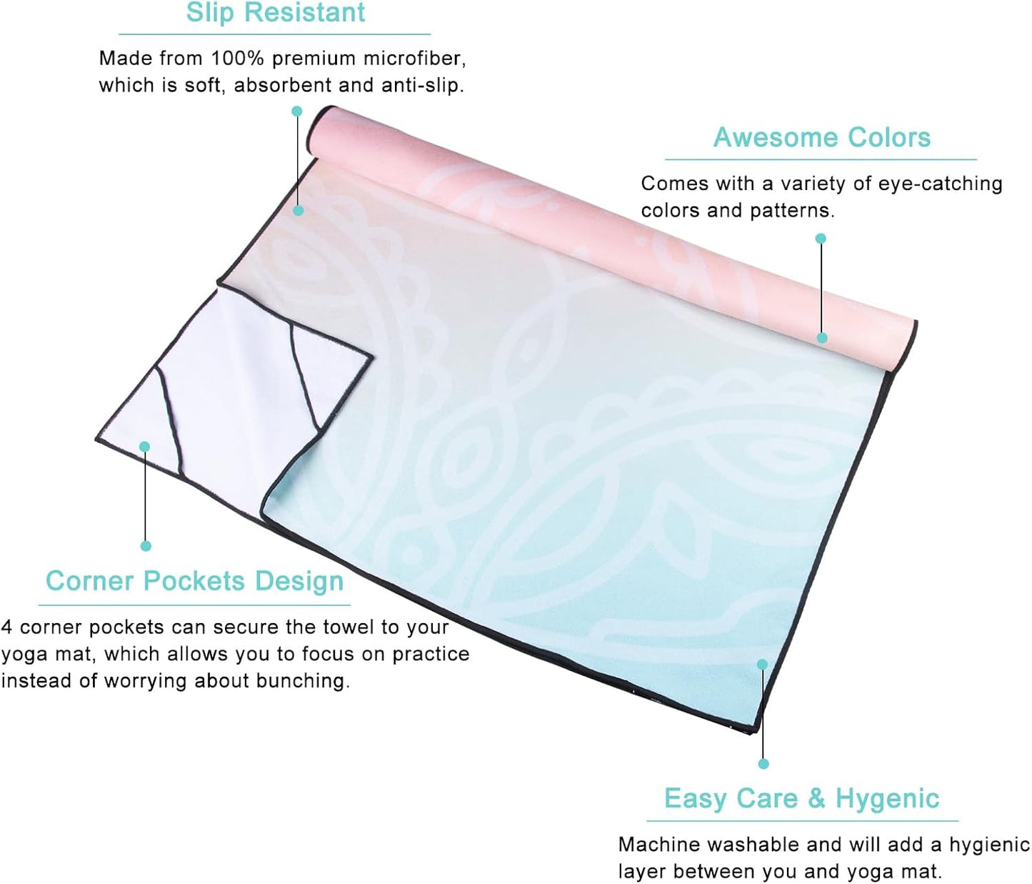 QiyI Yoga Mat Towel with Corner Pockets, Non Slip Sweat Absorbent Hot Yoga Towels, Soft Yoga Blankets with Travel Bag, Skidless Mat Cover for Workout, Gym, Fitness - 70"x26", Dreamy Pink Mandala