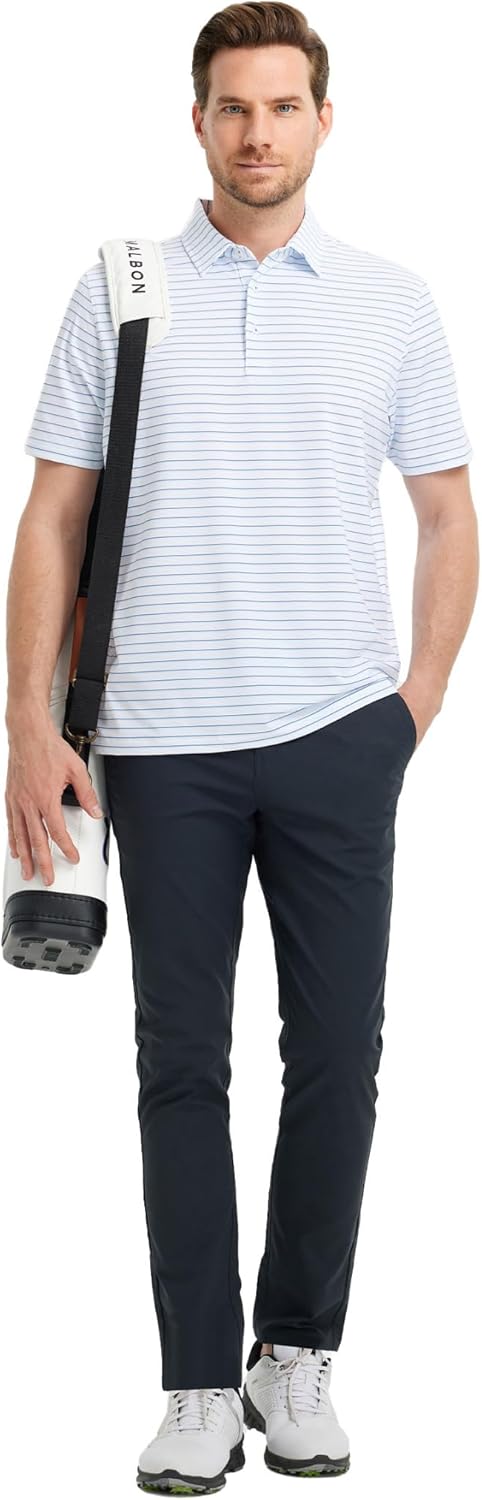 Rouen Mens Polo Shirts Short Sleeve Dry Fit Performance Moisture Wicking Causal Striped Polo Collared Golf Shirts for Men