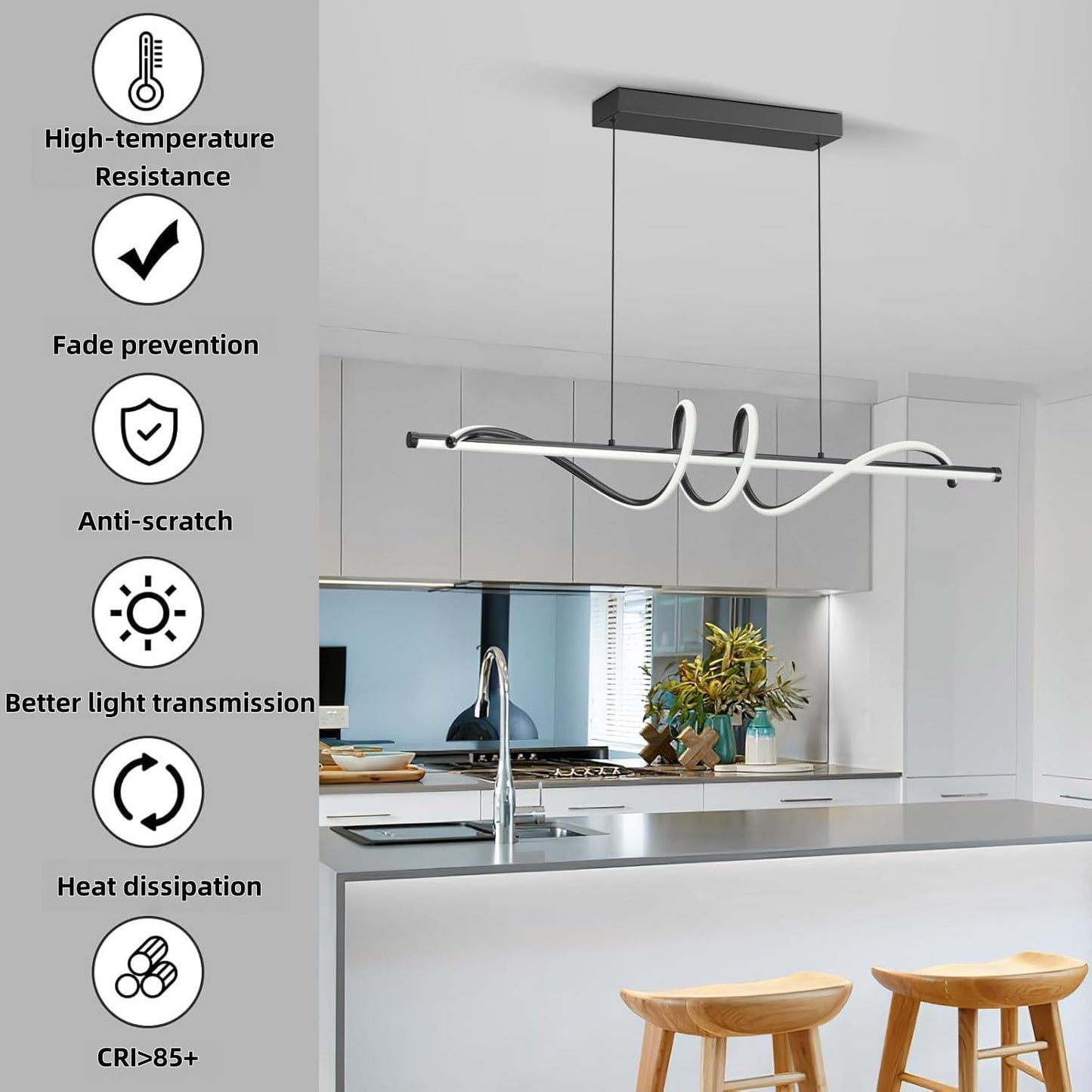 Modern LED Pendant Lights, Ceiling Chandelier Dimmable with Remote Control 3000k-6000K Adjustable Color Temperature, Aluminum Island Lighting Lamp Fixture for Kitchen, Dining Room(47in Black)