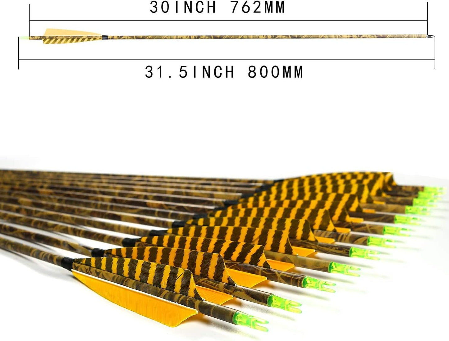 31Inch Carbon Arrow, Practice Hunting Arrows, Camo Turkey Feather Fletching, Arrows for Compound & Recurve Bow with Removable Tips Adjustable Nocks