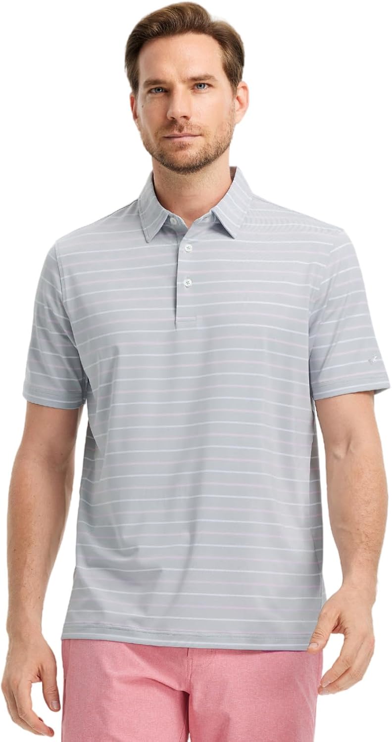 Rouen Mens Golf Shirt Moisture Wicking Dry Fit Performance Stripe Casual Collared Short Sleeve Golf Polo Shirts for Men