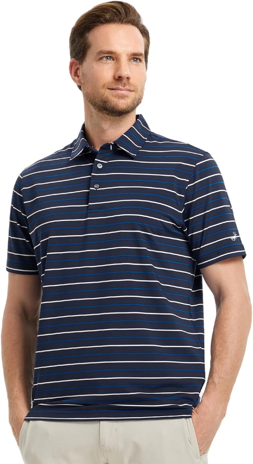 Rouen Mens Golf Shirt Moisture Wicking Dry Fit Performance Stripe Casual Collared Short Sleeve Golf Polo Shirts for Men