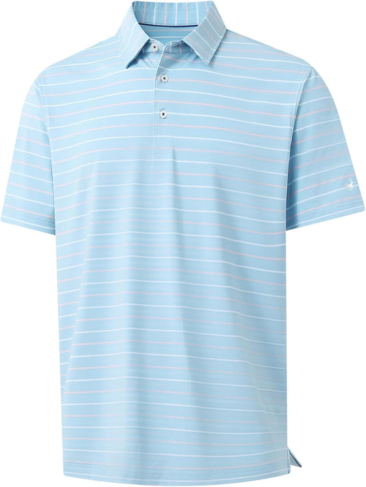 Rouen Mens Golf Shirt Moisture Wicking Dry Fit Performance Stripe Casual Collared Short Sleeve Golf Polo Shirts for Men
