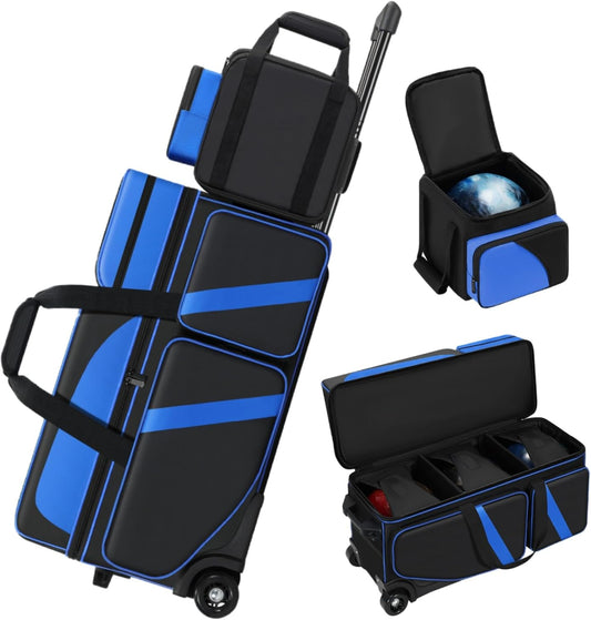 4 Ball Bowling Bags with Wheels, Bowling Ball Bag with Multi-Pockets,4 Ball Bowling Bag with Secure Buckle Fixed Ball Cup & Shoe Compartment,3 Ball Bowling Bag+1 Ball Color Matching Add On Tote