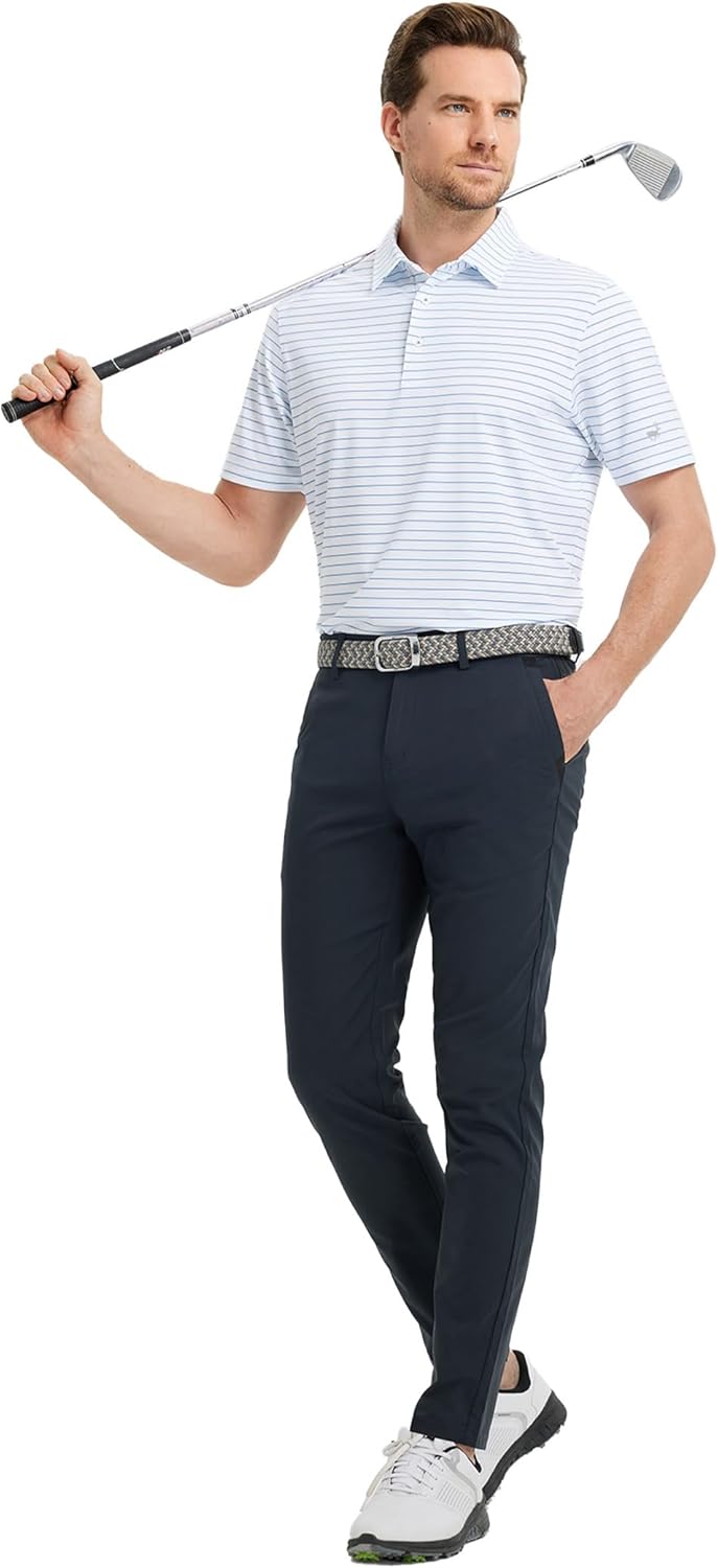 Rouen Mens Polo Shirts Short Sleeve Dry Fit Performance Moisture Wicking Causal Striped Polo Collared Golf Shirts for Men