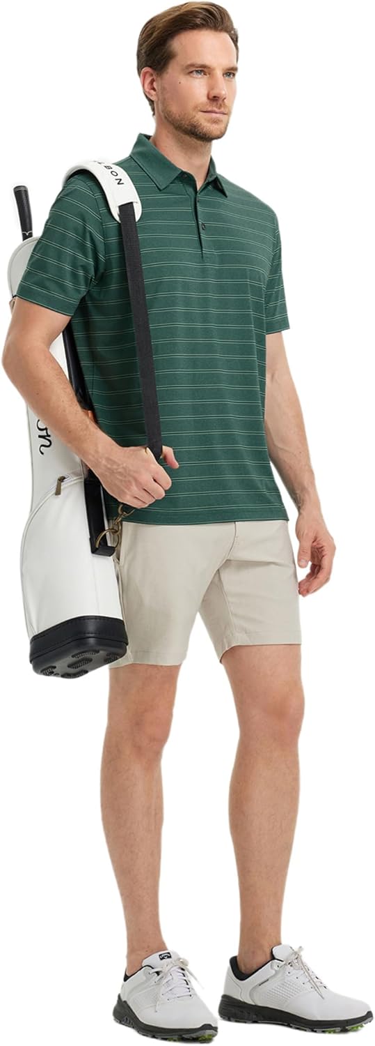 Rouen Polo Shirts for Men Dry Fit Performance Heather Stripe Golf Polo Moisture Wicking Lightweight Breathable Golf Shirts