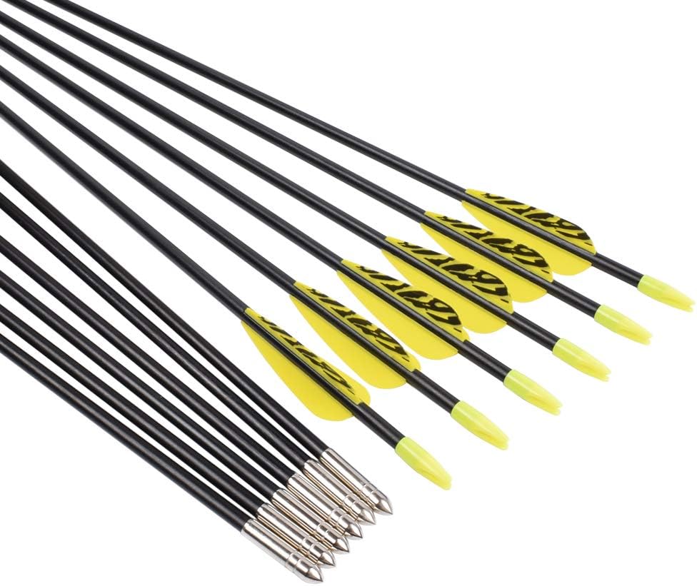 6875 Fiberglass Arrows Archery 24/26/28/30Inch Target Shooting Safetyglass Recurve Bows Suitable for Youth Children Woman Beginner (tigerspot Yellow Vanes)
