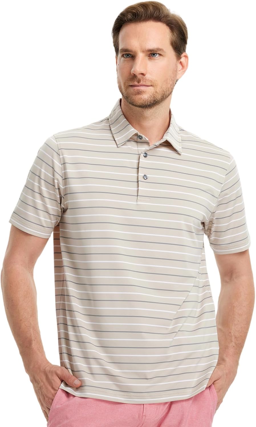 Rouen Mens Golf Shirt Moisture Wicking Dry Fit Performance Stripe Casual Collared Short Sleeve Golf Polo Shirts for Men