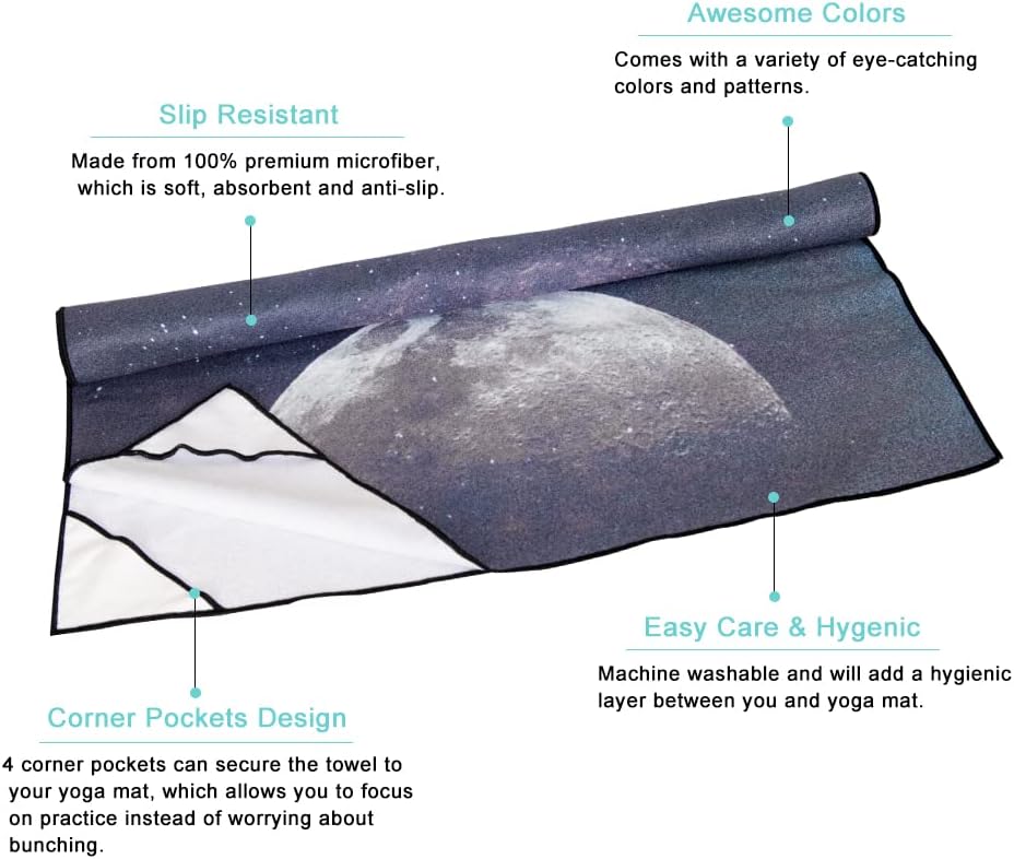 QiyI Yoga Mat Towel with Corner Pockets, Non Slip Sweat Absorbent Hot Yoga Towels, Soft Yoga Blankets with Travel Bag, Skidless Mat Cover for Workout, Gym, Fitness - 70"x26", Moon Cycle