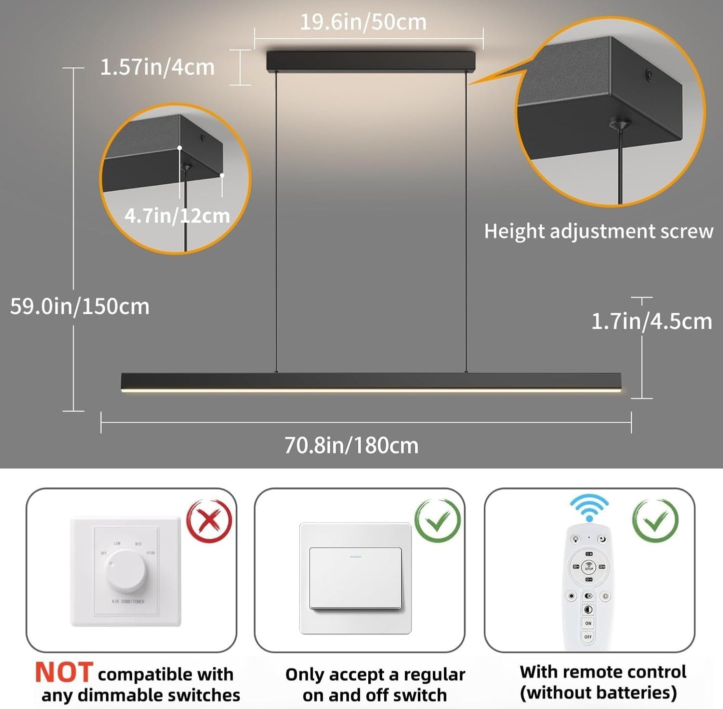 Modern Ceiling Pendant Lights,71in LED Black Linear Chandelier with Remote Control 3000k-6000K Adjustable Color Temperature,Island Lighting Hanging Light for Kitchen,Dining Room,Living Room