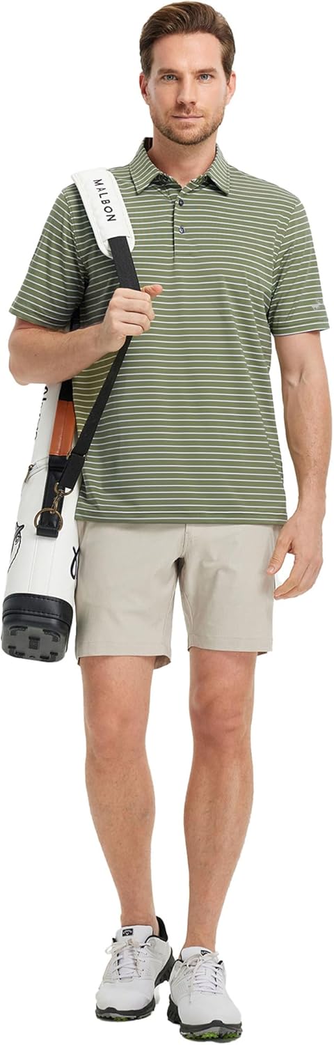 Rouen Mens Polo Shirts Short Sleeve Dry Fit Performance Moisture Wicking Causal Striped Polo Collared Golf Shirts for Men