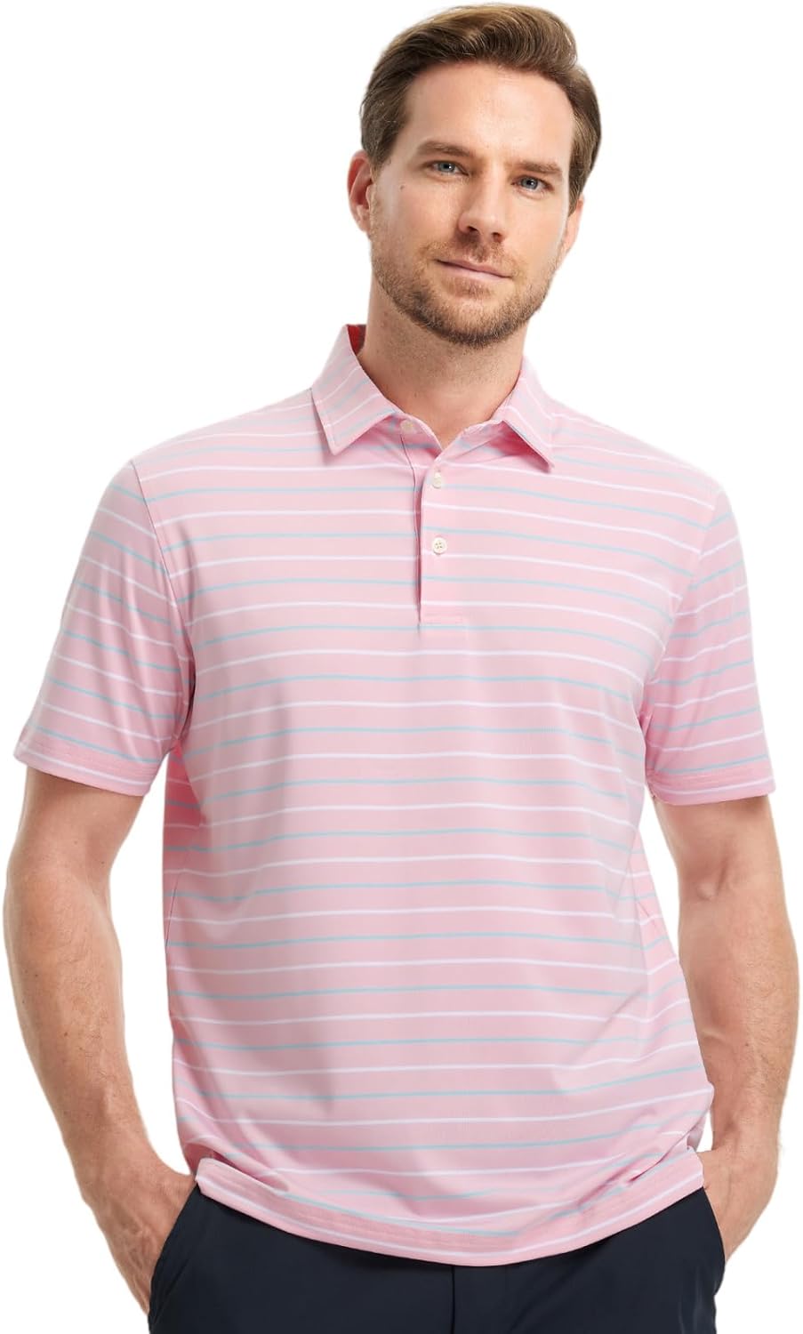 Rouen Mens Golf Shirt Moisture Wicking Dry Fit Performance Stripe Casual Collared Short Sleeve Golf Polo Shirts for Men