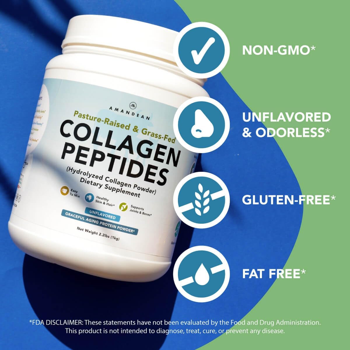 AMANDEAN Collagen Peptides Powder 1kg. Grass-Fed, Enzymatically Hydrolyzed, Type 1 & 3. Agglomerated, Easy to Mix, Unflavored, Non-GMO. Protein with 18 Amino Acids for Healthy Skin, Hair, Nails.