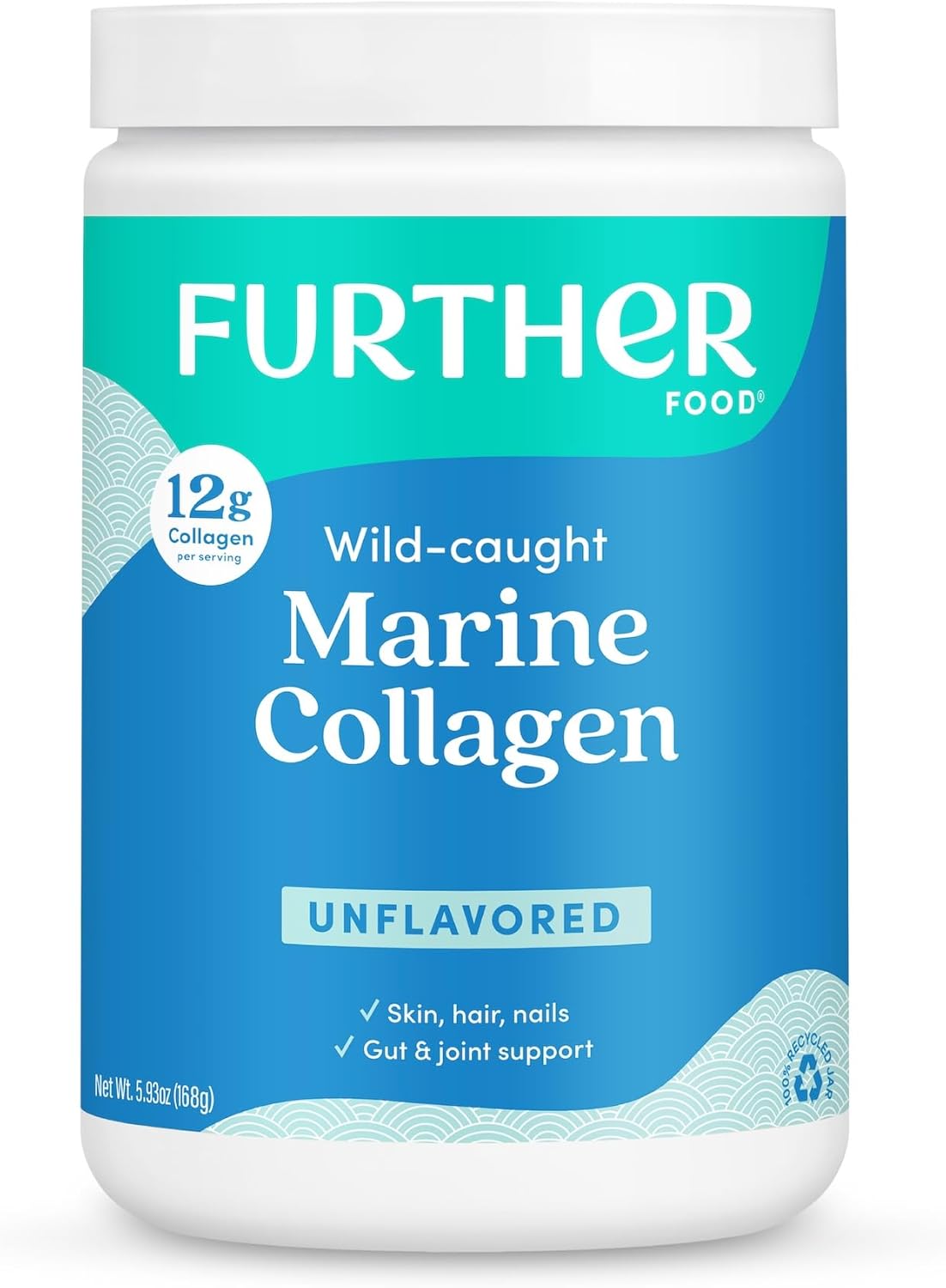 Further Food Unflavored Marine Collagen Peptides Powder, Wild Caught, Sustainable, Type 1 & 3 Collagen, Gut + Joint Support, Hair, Skin, Nails, Sugar-Free 5.93 oz
