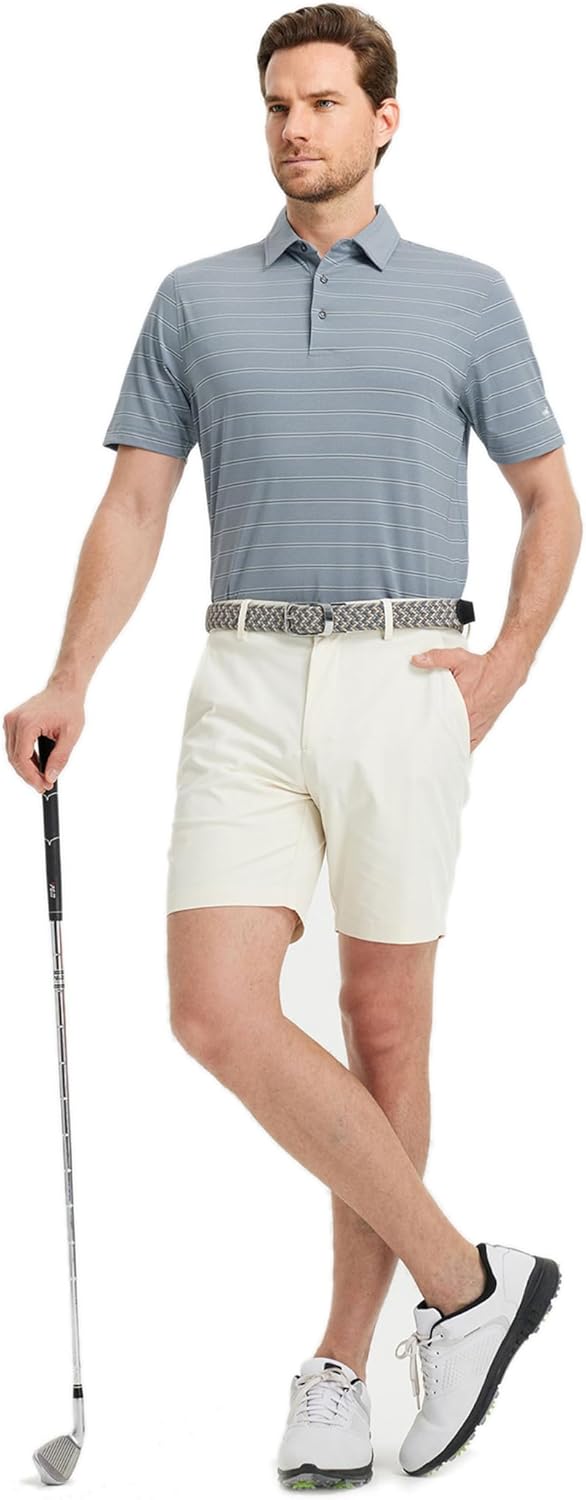 Rouen Polo Shirts for Men Dry Fit Performance Heather Stripe Golf Polo Moisture Wicking Lightweight Breathable Golf Shirts